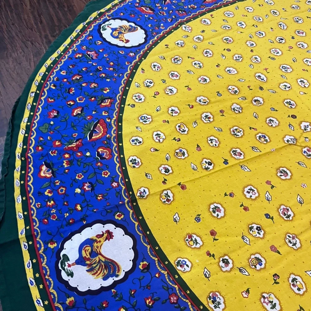 Vtg French Country Rooster Floral Oblong Tablecloth Yellow Blue Green 62x80